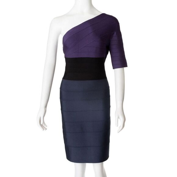 Herve Leger One-shoulder Tri-Colour Block Bandage Dress Size L - Picture 2 of 11